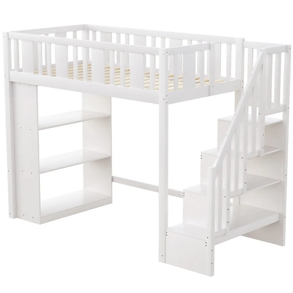 Lit mezzanine 90x200 cm - Lit simple avec rangements intégrés, échelle pratique et tiroirs fonctionnels - Pin et MDF - Blanc