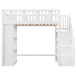 Lit mezzanine 90x200 cm - Lit simple avec rangements intégrés, échelle pratique et tiroirs fonctionnels - Pin et MDF - Blanc