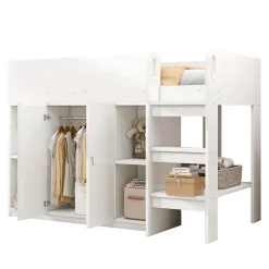 Lit mezzanine 90x200 cm - Lit simple avec échelle sécurisée, placard intégré et rangement pratique - Pin et MDF - Blanc