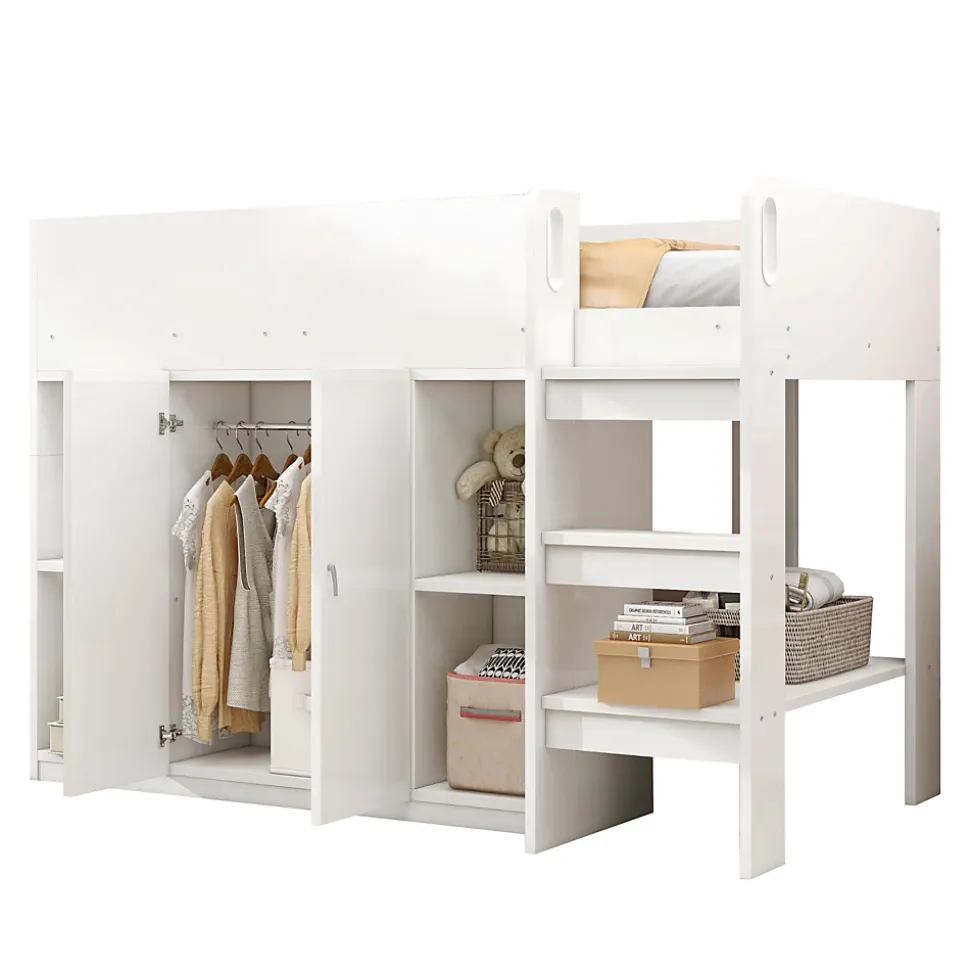 Lit mezzanine 90x200 cm - Lit simple avec échelle sécurisée, placard intégré et rangement pratique - Pin et MDF - Blanc