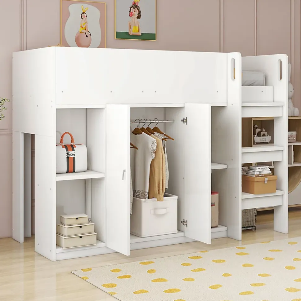 Lit mezzanine 90x200 cm - Lit simple avec échelle sécurisée, placard intégré et rangement pratique - Pin et MDF - Blanc