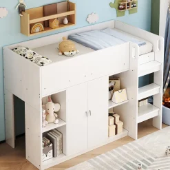 Lit mezzanine 90x200 cm - Lit simple avec échelle sécurisée, placard intégré et rangement pratique - Pin et MDF - Blanc