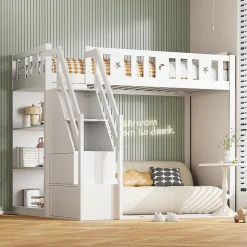 Lit Mezzanine 90x200 cm - Lit Simple avec Échelle de Rangement et Étagères - Cadre en Bois et Métal - Sans Matelas - Blanc
