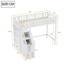 Lit Mezzanine 90x200 cm - Lit Simple avec Échelle de Rangement et Étagères - Cadre en Bois et Métal - Sans Matelas - Blanc