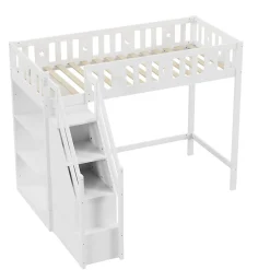 Lit Mezzanine 90x200 cm - Lit Simple avec Échelle de Rangement et Étagères - Cadre en Bois et Métal - Sans Matelas - Blanc