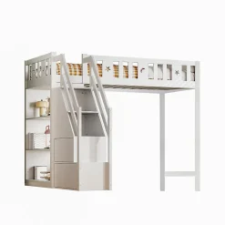Lit Mezzanine 90x200 cm - Lit Simple avec Échelle de Rangement et Étagères - Cadre en Bois et Métal - Sans Matelas - Blanc