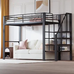 Lit mezzanine 90x200 cm - Lit simple avec rangement et escalier intégré, structure métallique solide - Noir - Sans matelas