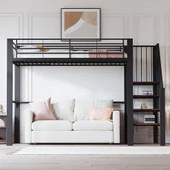 Lit mezzanine 90x200 cm - Lit simple avec rangement et escalier intégré, structure métallique solide - Noir - Sans matelas