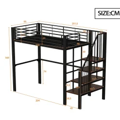 Lit mezzanine 90x200 cm - Lit simple avec rangement et escalier intégré, structure métallique solide - Noir - Sans matelas