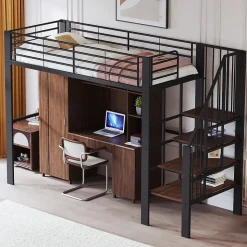 Lit mezzanine 90x200 cm - Lit simple avec rangement et escalier intégré, structure métallique solide - Noir - Sans matelas