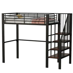 Lit mezzanine 90x200 cm - Lit simple avec rangement et escalier intégré, structure métallique solide - Noir - Sans matelas