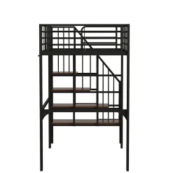 Lit mezzanine 90x200 cm - Lit simple avec rangement et escalier intégré, structure métallique solide - Noir - Sans matelas