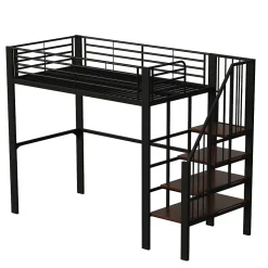 Lit mezzanine 90x200 cm - Lit simple avec rangement et escalier intégré, structure métallique solide - Noir - Sans matelas