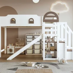 Lit Mezzanine 90x200 cm - Lit Simple enfant avec Toboggan, Escalier Armoire et Étagère de Rangement - Pin et MDF - Blanc et Marron
