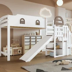 Lit Mezzanine 90x200 cm - Lit Simple enfant avec Toboggan, Escalier Armoire et Étagère de Rangement - Pin et MDF - Blanc et Marron