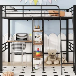 Lit Mezzanine 90x200 cm - Lit Simple avec Bureau en L, Garde-Corps et Échelle, Sans Matelas - Métal Noir