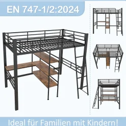 Lit Mezzanine 90x200 cm - Lit Simple avec Bureau en L, Garde-Corps et Échelle, Sans Matelas - Métal Noir