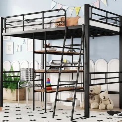 Lit Mezzanine 90x200 cm - Lit Simple avec Bureau en L, Garde-Corps et Échelle, Sans Matelas - Métal Noir