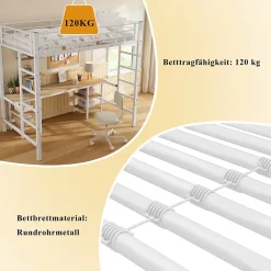 Lit Mezzanine 90x200 cm - Lit Simple avec Bureau et Étagères de Rangement, Structure Métal Solide, Auto-Installation - Blanc