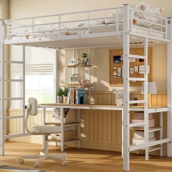 Lit Mezzanine 90x200 cm - Lit Simple avec Bureau et Étagères de Rangement, Structure Métal Solide, Auto-Installation - Blanc