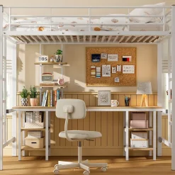 Lit Mezzanine 90x200 cm - Lit Simple avec Bureau et Étagères de Rangement, Structure Métal Solide, Auto-Installation - Blanc