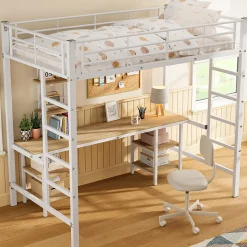 Lit Mezzanine 90x200 cm - Lit Simple avec Bureau et Étagères de Rangement, Structure Métal Solide, Auto-Installation - Blanc