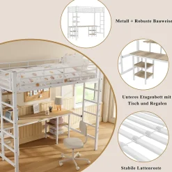 Lit Mezzanine 90x200 cm - Lit Simple avec Bureau et Étagères de Rangement, Structure Métal Solide, Auto-Installation - Blanc