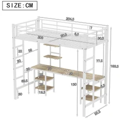 Lit Mezzanine 90x200 cm - Lit Simple avec Bureau et Étagères de Rangement, Structure Métal Solide, Auto-Installation - Blanc