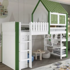 Lit Mezzanine 90x200 cm - Lit Simple avec Protection et Étagère de Rangement, Bois Pin et MDF, Sans Matelas, Blanc et Vert