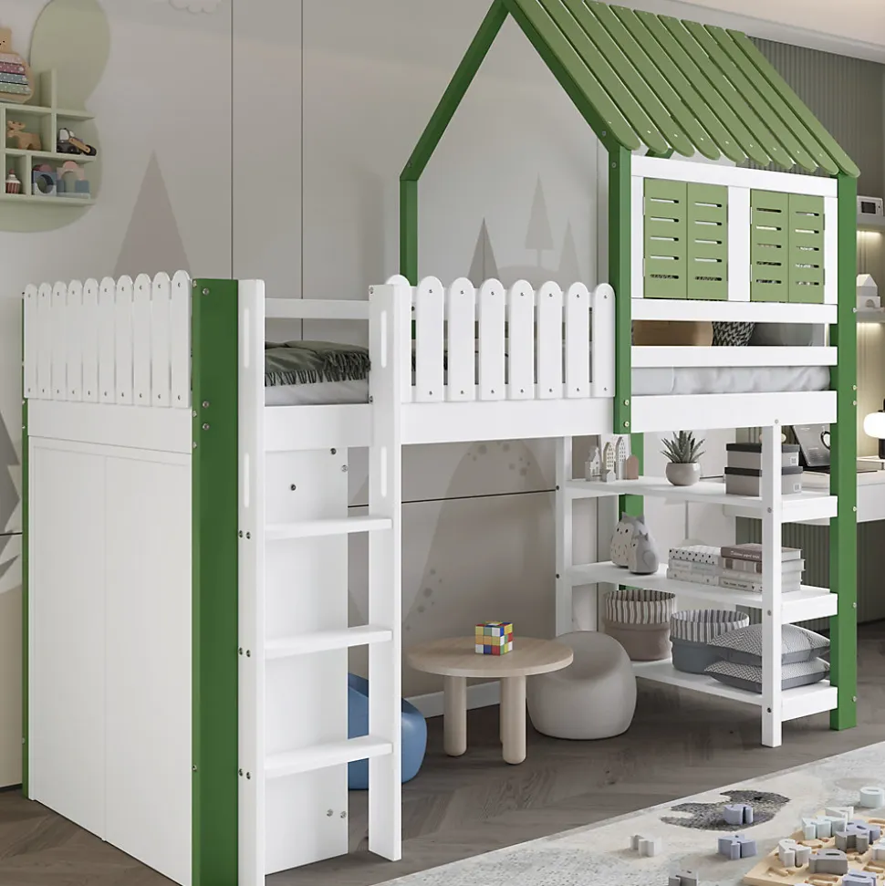 Lit Mezzanine 90x200 cm - Lit Simple avec Protection et Étagère de Rangement, Bois Pin et MDF, Sans Matelas, Blanc et Vert