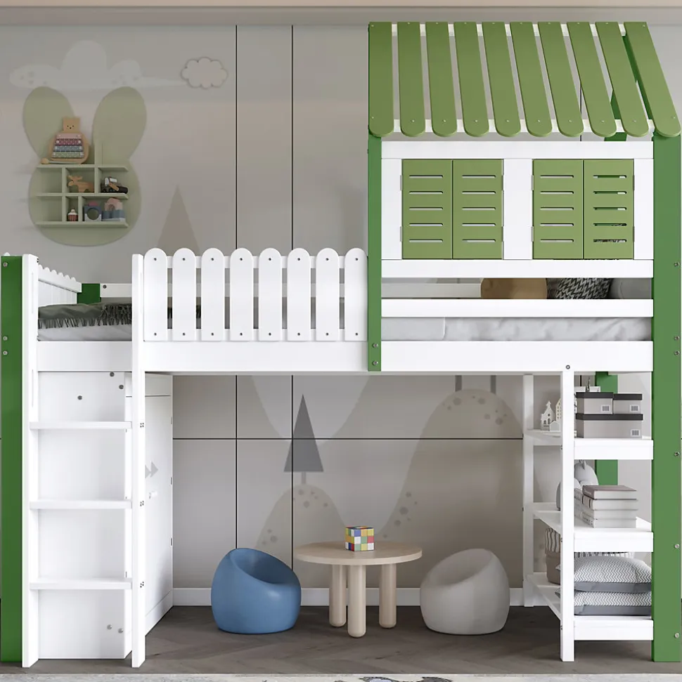 Lit Mezzanine 90x200 cm - Lit Simple avec Protection et Étagère de Rangement, Bois Pin et MDF, Sans Matelas, Blanc et Vert