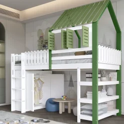 Lit Mezzanine 90x200 cm - Lit Simple avec Protection et Étagère de Rangement, Bois Pin et MDF, Sans Matelas, Blanc et Vert