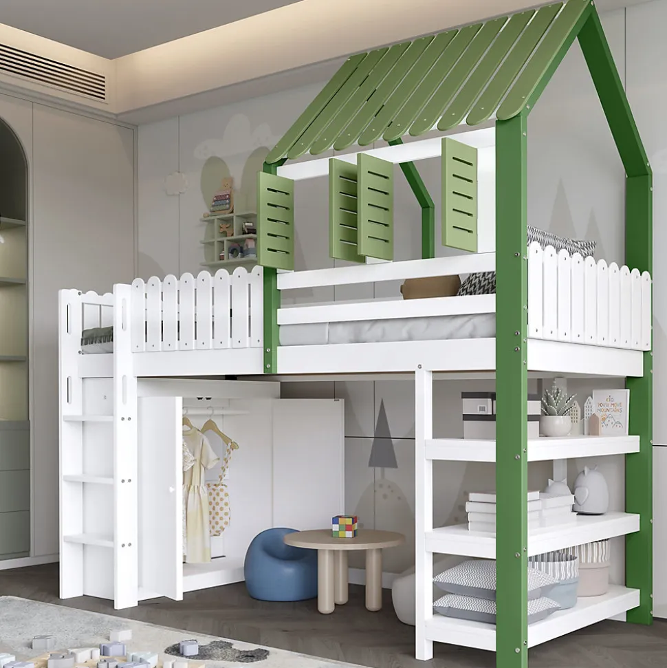 Lit Mezzanine 90x200 cm - Lit Simple avec Protection et Étagère de Rangement, Bois Pin et MDF, Sans Matelas, Blanc et Vert