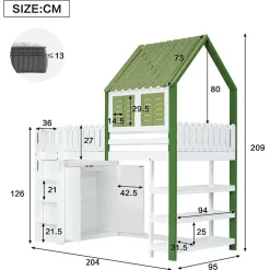 Lit Mezzanine 90x200 cm - Lit Simple avec Protection et Étagère de Rangement, Bois Pin et MDF, Sans Matelas, Blanc et Vert