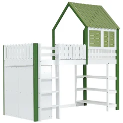 Lit Mezzanine 90x200 cm - Lit Simple avec Protection et Étagère de Rangement, Bois Pin et MDF, Sans Matelas, Blanc et Vert