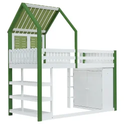 Lit Mezzanine 90x200 cm - Lit Simple avec Protection et Étagère de Rangement, Bois Pin et MDF, Sans Matelas, Blanc et Vert