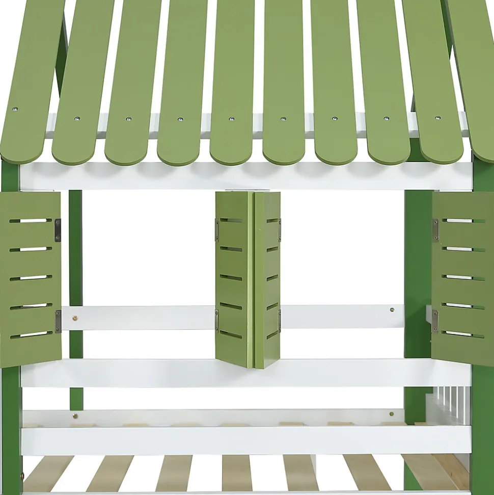 Lit Mezzanine 90x200 cm - Lit Simple avec Protection et Étagère de Rangement, Bois Pin et MDF, Sans Matelas, Blanc et Vert