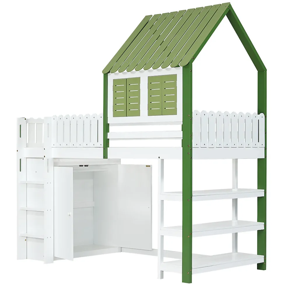 Lit Mezzanine 90x200 cm - Lit Simple avec Protection et Étagère de Rangement, Bois Pin et MDF, Sans Matelas, Blanc et Vert