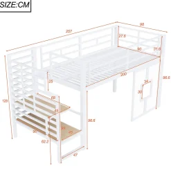 Lit Mezzanine 90x200 cm - Lit Simple avec Escalier de Rangement et LED Intégrée, sans Matelas - Métal Blanc