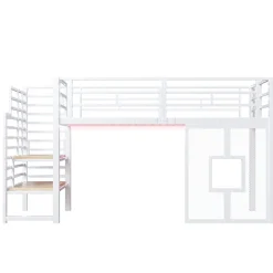 Lit Mezzanine 90x200 cm - Lit Simple avec Escalier de Rangement et LED Intégrée, sans Matelas - Métal Blanc