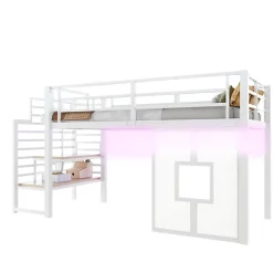 Lit Mezzanine 90x200 cm - Lit Simple avec Escalier de Rangement et LED Intégrée, sans Matelas - Métal Blanc
