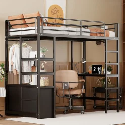 Lit Mezzanine 90x200 cm - Lit Surélevé Ado en Métal avec Bureau, Prise USB et Rangements Ouverts - Sans Matelas - Noir