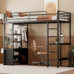 Lit Mezzanine 90x200 cm - Lit Surélevé Ado en Métal avec Bureau, Prise USB et Rangements Ouverts - Sans Matelas - Noir