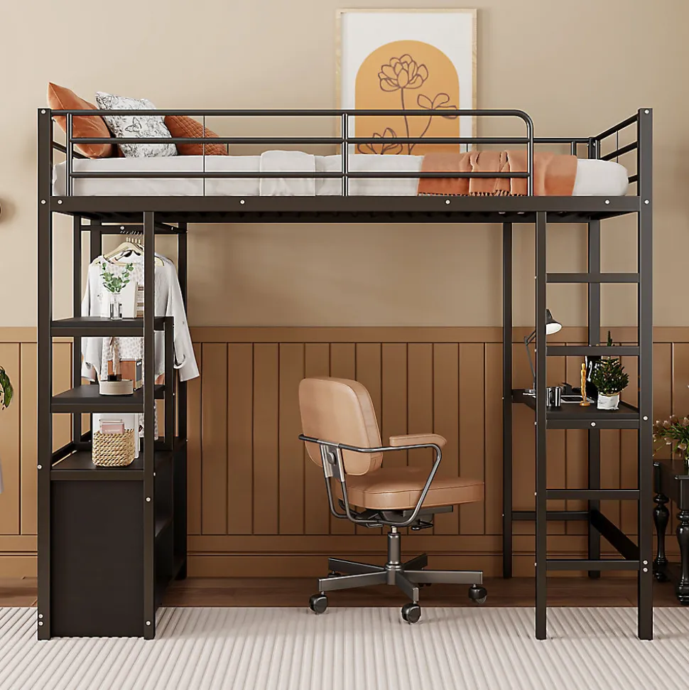 Lit Mezzanine 90x200 cm - Lit Surélevé Ado en Métal avec Bureau, Prise USB et Rangements Ouverts - Sans Matelas - Noir