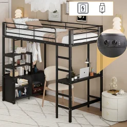 Lit Mezzanine 90x200 cm - Lit Surélevé Ado en Métal avec Bureau, Prise USB et Rangements Ouverts - Sans Matelas - Noir