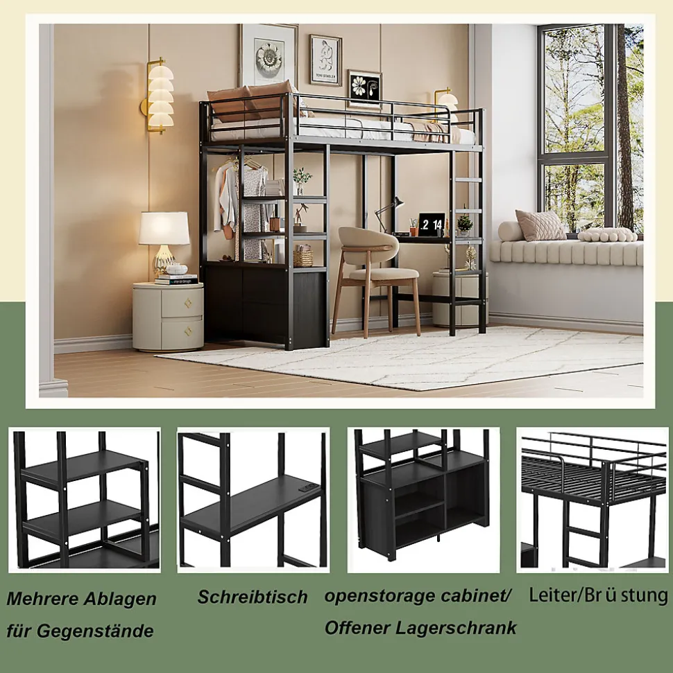 Lit Mezzanine 90x200 cm - Lit Surélevé Ado en Métal avec Bureau, Prise USB et Rangements Ouverts - Sans Matelas - Noir