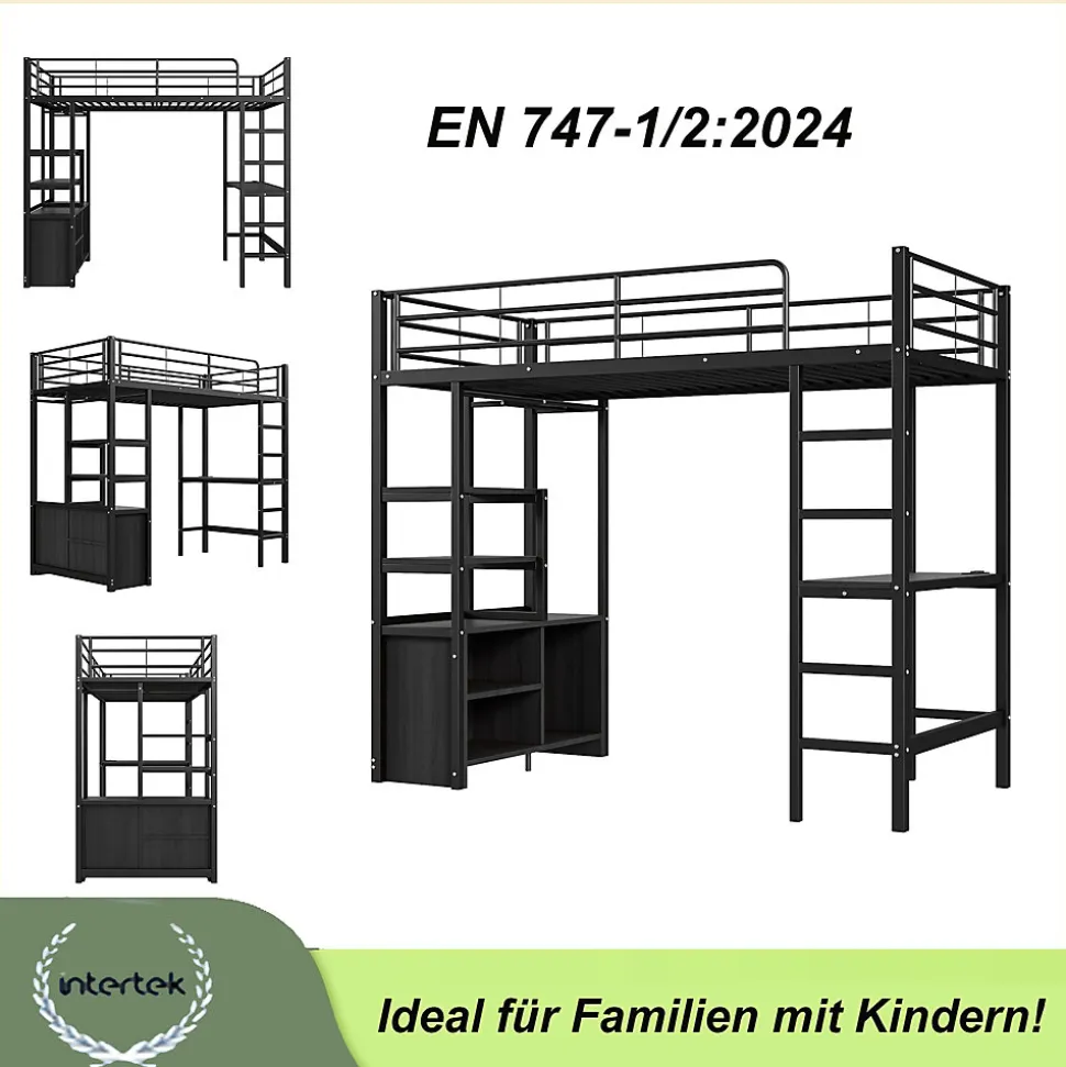 Lit Mezzanine 90x200 cm - Lit Surélevé Ado en Métal avec Bureau, Prise USB et Rangements Ouverts - Sans Matelas - Noir