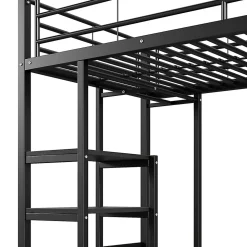 Lit Mezzanine 90x200 cm - Lit Surélevé Ado en Métal avec Bureau, Prise USB et Rangements Ouverts - Sans Matelas - Noir