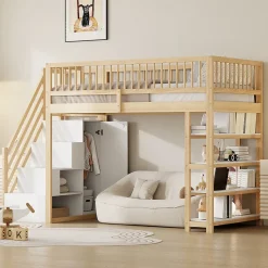 Lit Mezzanine 90x200 cm - Lit Simple avec Escalier Sécurisé, Armoire et Étagères de Rangement, Sans Matelas - Naturel
