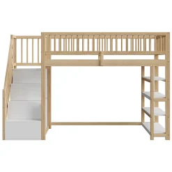 Lit Mezzanine 90x200 cm - Lit Simple avec Escalier Sécurisé, Armoire et Étagères de Rangement, Sans Matelas - Naturel